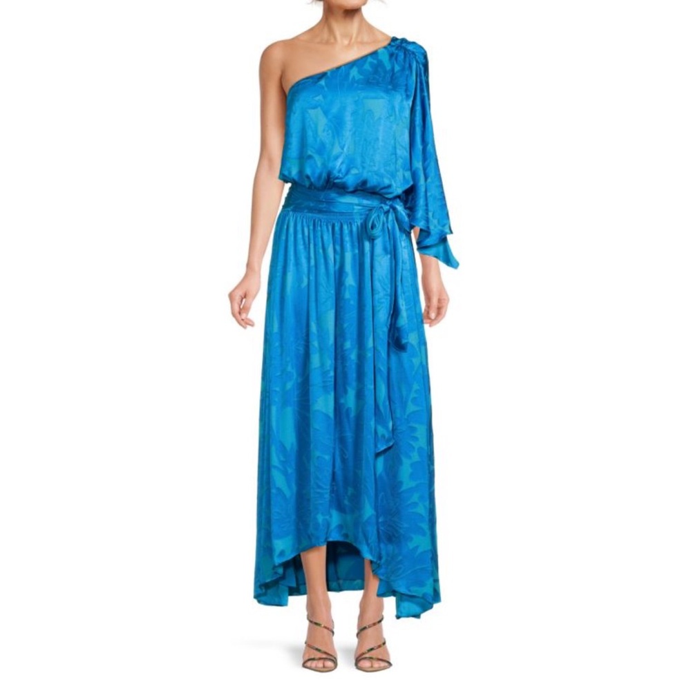 Ramy Brook NWT Daxton One Shoulder Maxi Dress 12 Blue Floral Elastic Waist Tie
